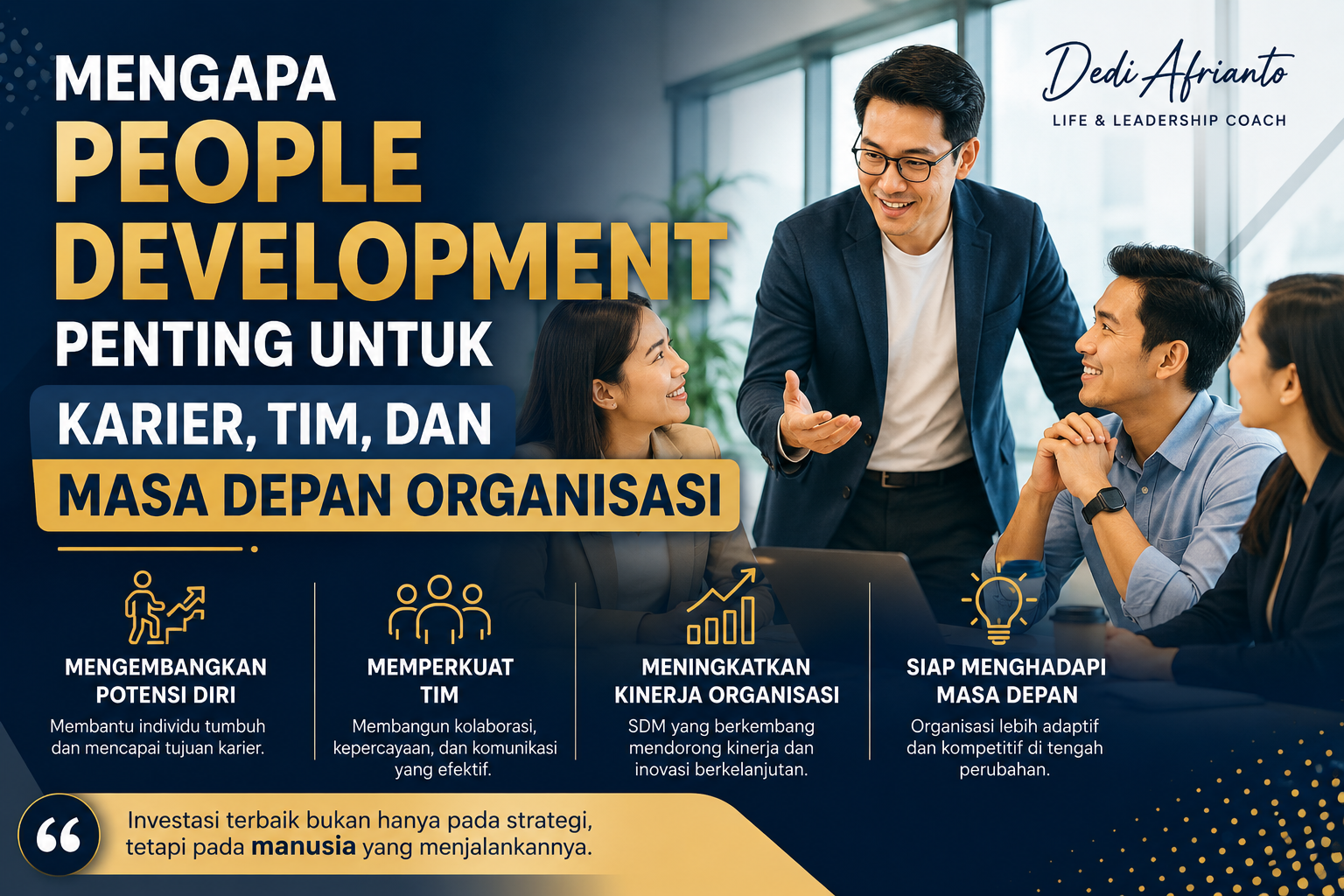 Ilustrasi people development dalam sesi coaching dan pengembangan tim profesional.